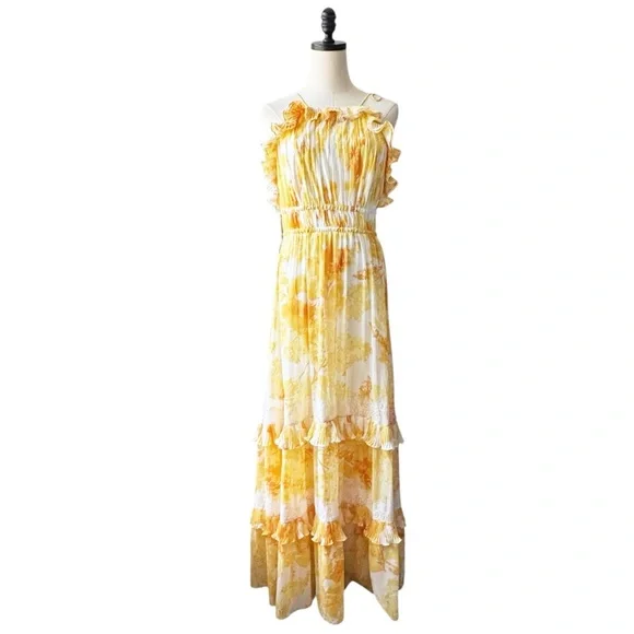 BHLDN Anthropologie Ava Chiffon High-Neck Ruffled Maxi DressMEDIUM NWT